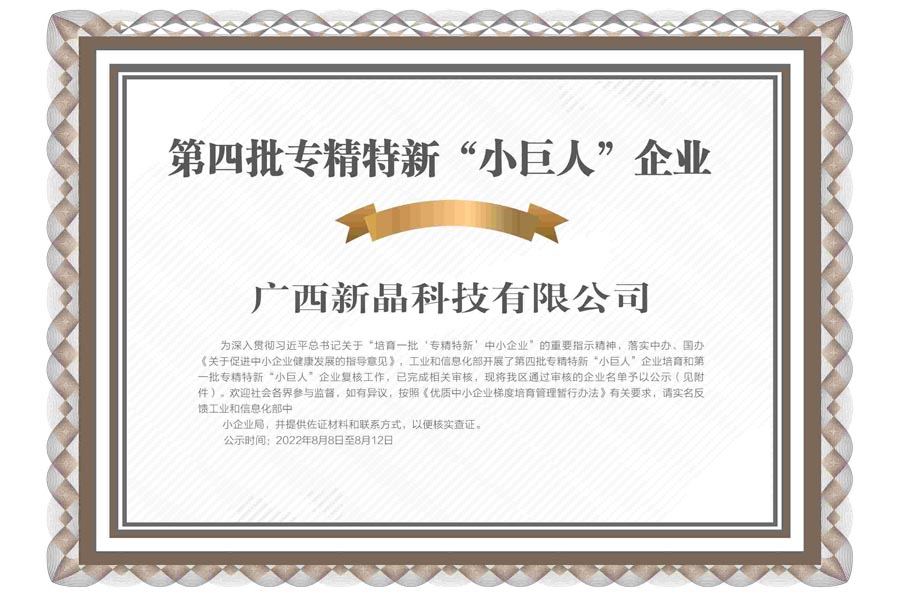 新晶公司榮獲國家級專(zhuān)精特新“小巨人”企業(yè)稱(chēng)號